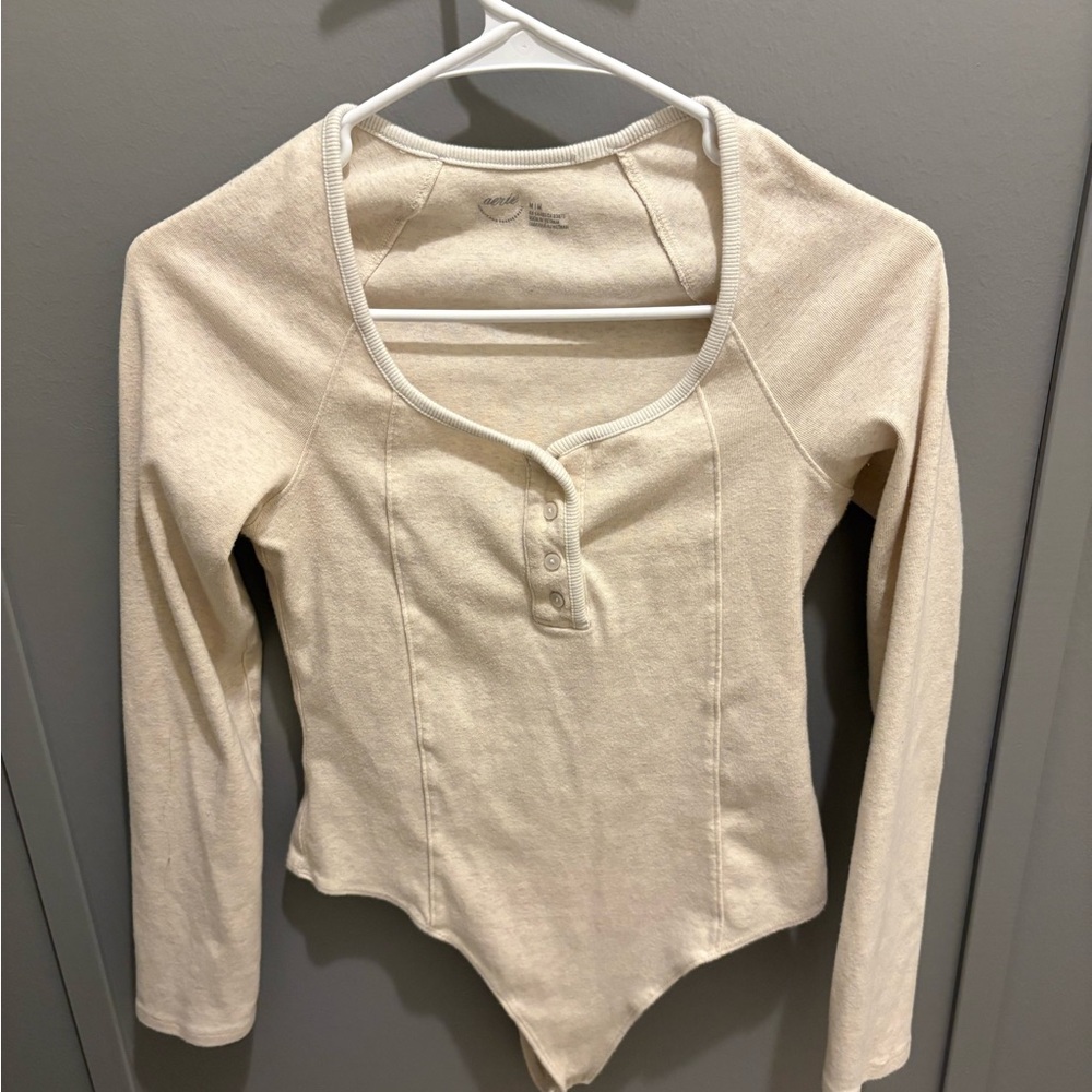 Aerie Cream Long Sleeve Ribbed Henley Bodysuit